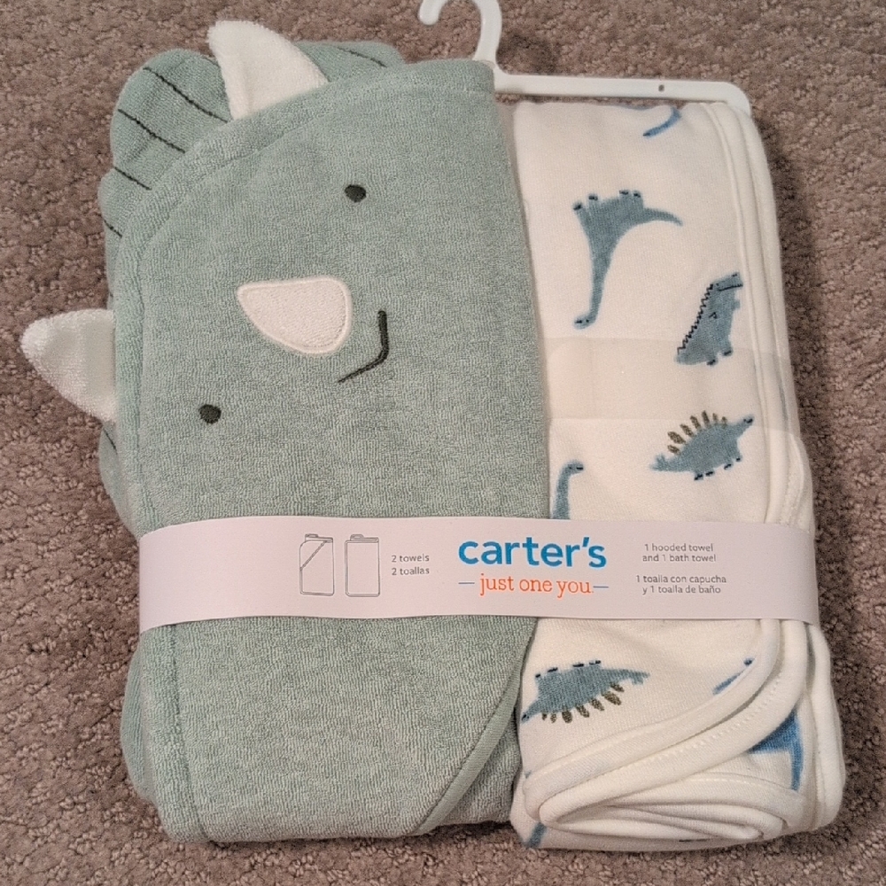 Carter's Dinosaur Hooded Towel and Washcloth Set NWT